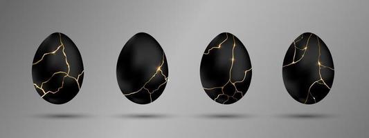 Easter black eggs set. Luxury eggs with different Kintsugi gold thin lines. Spring holiday. Realistic vector illustration. For greeting card, promotion, poster, flyer, banner, social media
