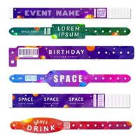 Entrance bracelets for space party, birthday, festivals, private areas. Design template of access to event for party. Vector illustration.