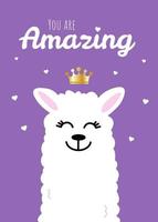 Cute loving white llama on purple background. Postcard or poster design. vector