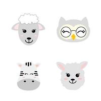 Set of cute hand drawn smiling animals - sheep, owl, zebra and llama. Cartoon zoo. Vector illustration. Animals for the design of children's products in scandinavian style.