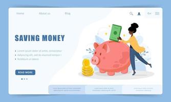 Saving money concept. Landing page template. African woman puts banknotes in piggy bank. Investments in future. Financial symbol. Banking or business services. Vector illustration in cartoon style