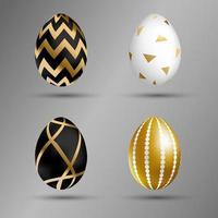Easter golden eggs set. Luxury eggs with different black, gold and white ornament. Spring holiday. Realistic vector illustration. For greeting card, promotion, poster, flyer, banner, social media