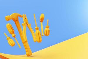 3D illustration yellow hand tools screwdriver, hammer, pliers, screws, etc. for handmade. Various working tools. Construction, construction, renovation concept. photo