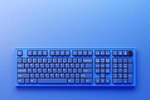 teclado de computadora azul sobre fondo negro. Representación 3d del equipo de transmisión y el concepto de espacio de trabajo del jugador foto