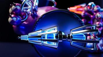 Close-up space weapon similar to a stinger with neon light. Cartoon toy blaster for children's play with futuristic weapons photo