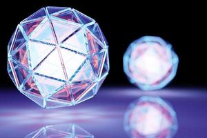 Ilustración 3d de una bola de iluminación azul con muchas caras, cristales esparcidos sobre un fondo. esfera cibernética foto