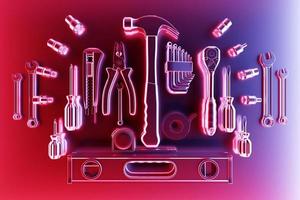 Various  pink working tools for construction, repair on  monocrome background. Screwdriver, level, electrical tape, hammer, knife, scissors, wrench, etc. 3D illustration photo
