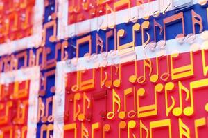 Musical notes lined up in even rows against the backdrop of the National Flag of  Norway . The concept of the national anthem, music. 3D illustration photo