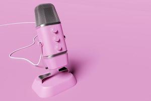 3d illustration, retro  pink microphone on color background. Music award, karaoke, radio and recording studio sound equipment photo