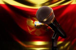 Microphone on the background of the National Flag of Montenegro, realistic 3d illustration. music award, karaoke, radio and recording studio sound equipment photo