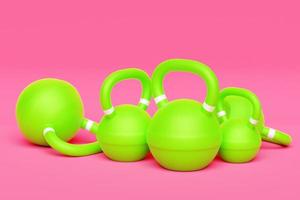 Training  green weights  on pink isolated background. Dumbbells, kettlebell.3D illustration photo