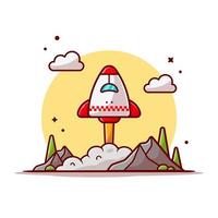 transbordador espacial despegando con nubes, montaña y árbol espacio dibujos animados vector icono ilustración. ciencia tecnología icono concepto aislado vector premium. estilo de dibujos animados plana