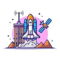 transbordador espacial despegando con ilustración de icono de vector de dibujos animados de torre, satélite y montaña. ciencia tecnología icono concepto aislado vector premium. estilo de dibujos animados plana