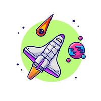 Space Shuttle Flying with Planet and Meteorite Space Cartoon  Vector Icon Illustration. Science Technology Icon Concept  Isolated Premium Vector. Flat Cartoon Style