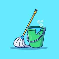 Mop And Bucket Vector Icon Illustration. Cleaning Tool Icon  Concept Isolated Premium Vector. Flat Cartoon Style