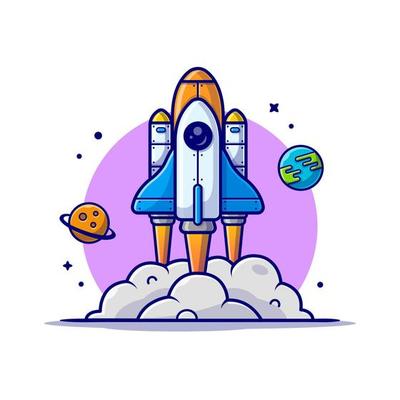 Space Shuttle Taking Off with Planet and Earth Space Cartoon  Vector Icon Illustration. Science Technology Icon Concept  Isolated Premium Vector. Flat Cartoon Style