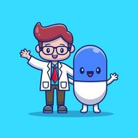 Cute Doctor With Capsule Medicine Cartoon Vector Icon  Illustration. Health And Medical Icon Concept Isolated  Premium Vector. Flat Cartoon Style