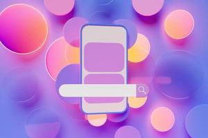 3D illustration of a mobile phone with a search bar on a purple  background with geometric shapes. Internet search using smartphone. photo