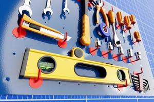 Hand tool for home repair and construction. wrench, cutter, electrical tape, ratchet, pliers, level hang in place on the shelf. 3D illustration photo