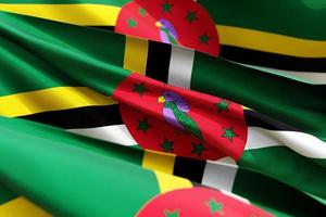 The national flag of Dominica  from textiles close up in three versions, soft focus photo