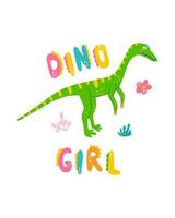lindo estampado de bebé de dinosaurio. compsognathus en estilo plano dibujado a mano con una chica dino con letras a mano. diseño para el diseño de postales, carteles, invitaciones y textiles