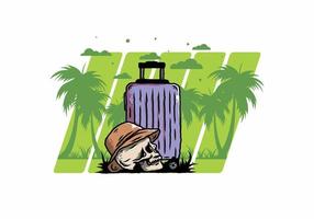 skull head wearing a hat under a traveling suitcase illustration vector