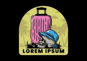 skull head wearing a hat under a traveling suitcase illustration vector