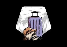 skull head wearing a hat under a traveling suitcase illustration vector