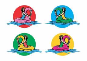 Girl wearing beach hat in an inflatable lifebuoy Flamingo illustration vector