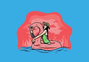 niña con sombrero de playa en una ilustración de flamenco salvavidas inflable vector
