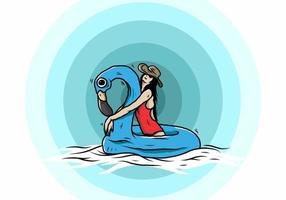 Girl wearing beach hat in an inflatable lifebuoy Flamingo illustration vector