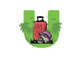 skull head wearing a hat under a traveling suitcase illustration vector