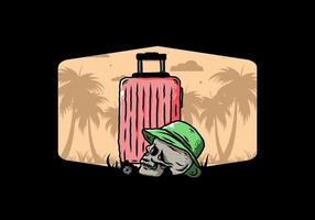 skull head wearing a hat under a traveling suitcase illustration vector