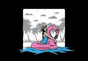 Girl wearing beach hat in an inflatable lifebuoy Flamingo illustration vector