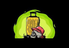 skull head wearing a hat under a traveling suitcase illustration vector