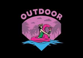 Girl wearing beach hat in an inflatable lifebuoy Flamingo illustration vector