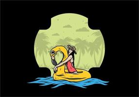 Girl wearing beach hat in an inflatable lifebuoy Flamingo illustration vector