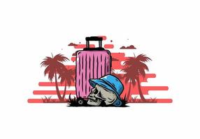 skull head wearing a hat under a traveling suitcase illustration vector