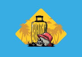 skull head wearing a hat under a traveling suitcase illustration vector