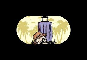 skull head wearing a hat under a traveling suitcase illustration vector