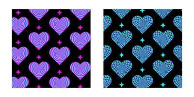 Acid psychedelic trippy pattern heart. Retro print for graphic tee in y2k style. Pink heart aesthetic banner set vector