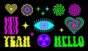 Psychedelic trippy sticker pack. Acid rave isolated objects. Print for graphic tee in y2k style. vector