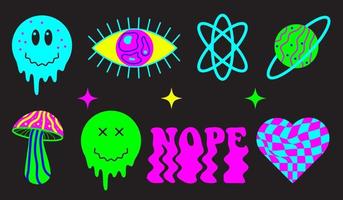 Psychedelic trippy sticker pack. Acid rave isolated objects. Print for graphic tee in y2k style. vector