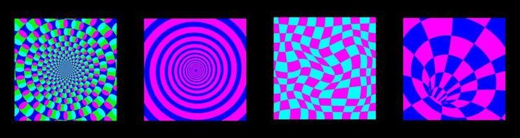 Acid rave psychedelic background set. Y2k banners, optical illusion art vector