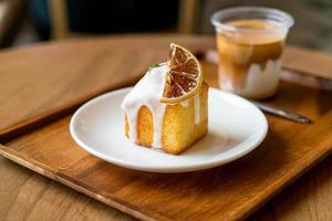 lemon pound cake on white plate photo