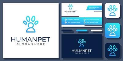 diseño del logotipo del vector del gato del perro de la huella del animal del cuidado de la mascota humana de la pata de la gente con la tarjeta de visita