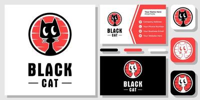 gato negro animal mascota pata gatito felino cabeza círculo sol diseño de logotipo con plantilla de tarjeta de visita vector