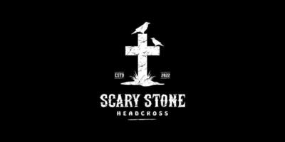 Scary Tombstone Headstone Gravestone Cross Horror Raven Bird with Grunge Texture Vector Logo Design