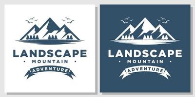 paisaje montaña pico aventura naturaleza campamento colina bosque vector logo diseño
