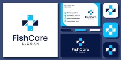 Fish Medical Sign Cross Plus Animal Healthcare Clinic Pet Vector Logo Design with Business Card